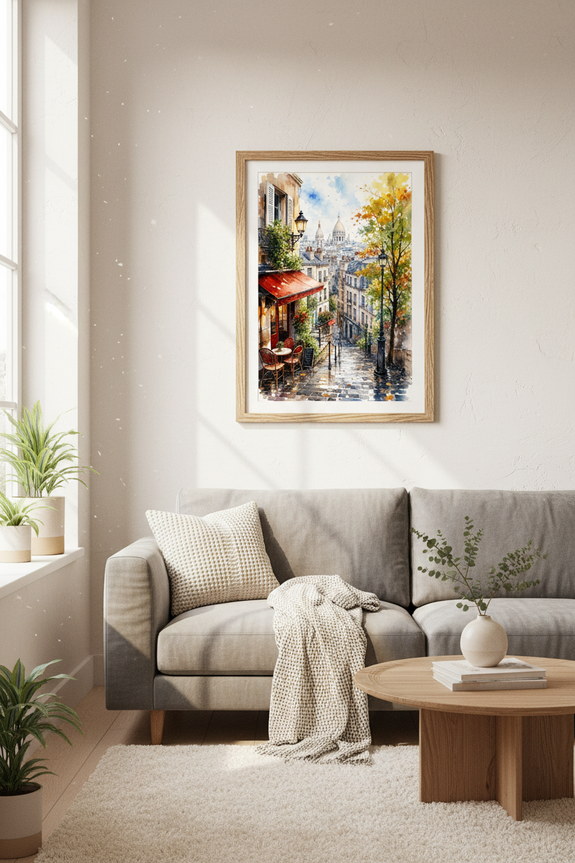 Paris Street Watercolor Art | Montmartre Sidewalk Cafe Print, French Travel Decor