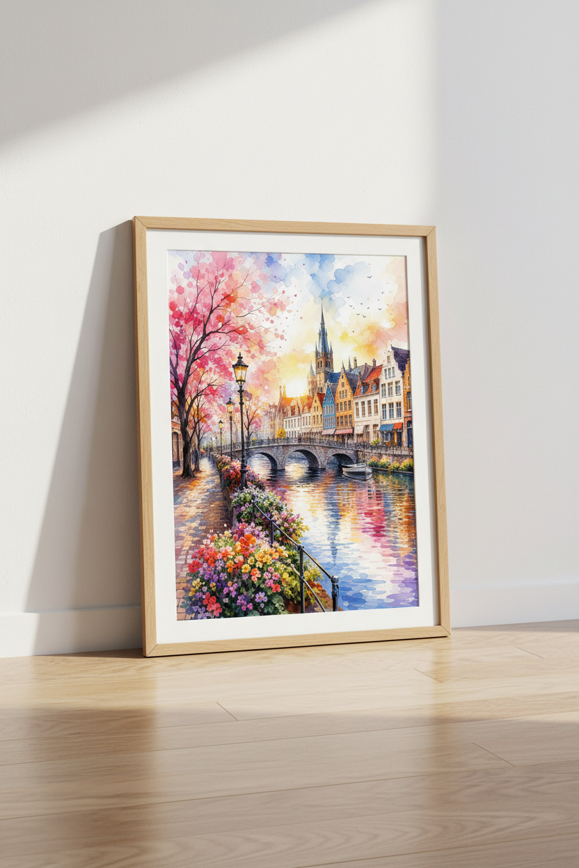 European Canal Watercolor Art | Sunset Cityscape, Living Room Decor