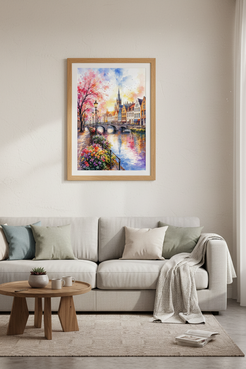 European Canal Watercolor Art | Sunset Cityscape, Living Room Decor
