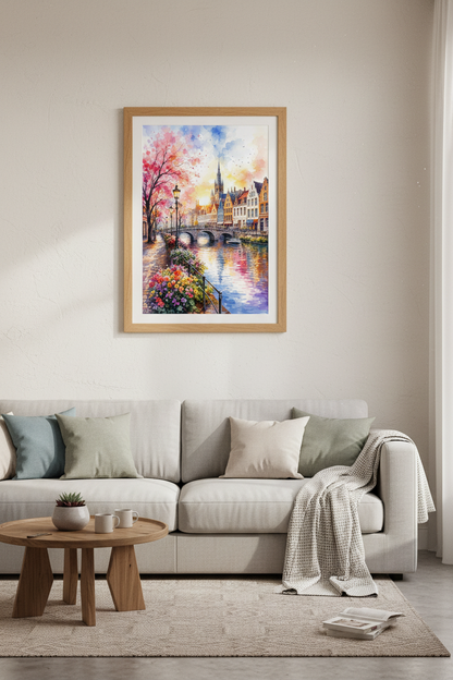 European Canal Watercolor Art | Sunset Cityscape, Living Room Decor