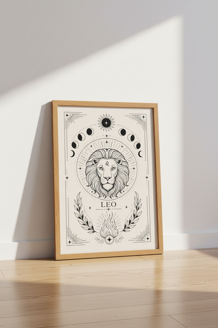 Leo Zodiac Lion Wall Art | Celestial Moon Astrology Print, Dark Academia Decor