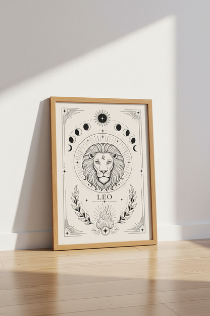 Leo Zodiac Lion Wall Art | Celestial Moon Astrology Print, Dark Academia Decor