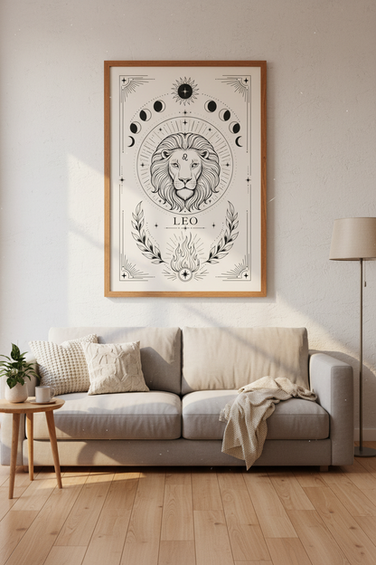 Leo Zodiac Lion Wall Art | Celestial Moon Astrology Print, Dark Academia Decor
