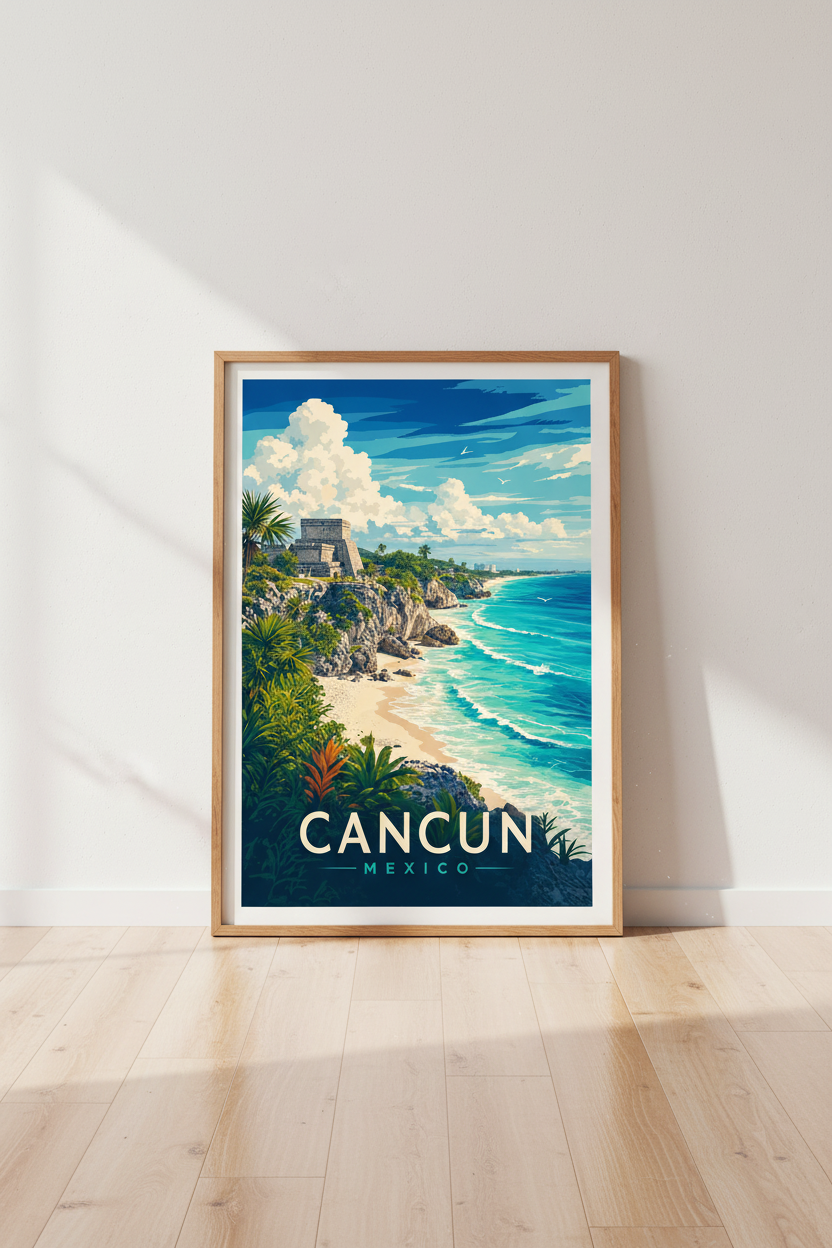 Cancun Mexico Travel Poster | Retro Coastal Wall Art | Tropical Mayan Ruins Print