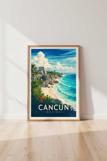 Cancun Mexico Travel Poster | Retro Coastal Wall Art | Tropical Mayan Ruins Print