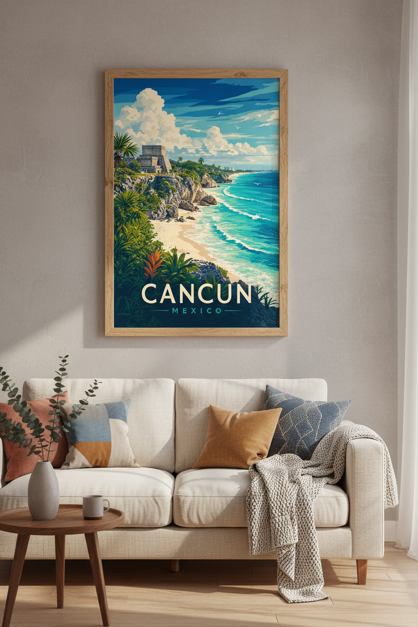 Cancun Mexico Travel Poster | Retro Coastal Wall Art | Tropical Mayan Ruins Print