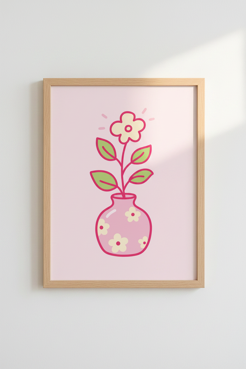 Retro Flower Vase Wall Art | Pink Preppy Decor, Cute Pastel Aesthetic Poster