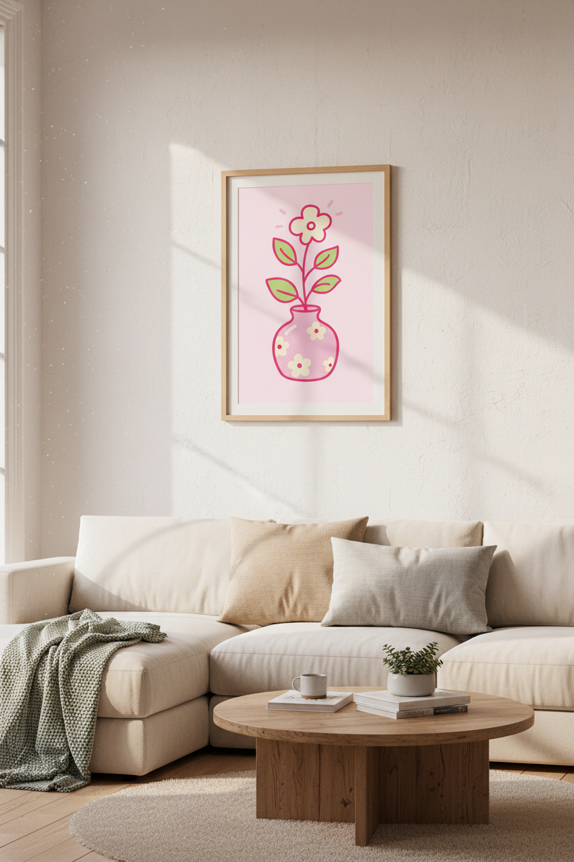 Retro Flower Vase Wall Art | Pink Preppy Decor, Cute Pastel Aesthetic Poster