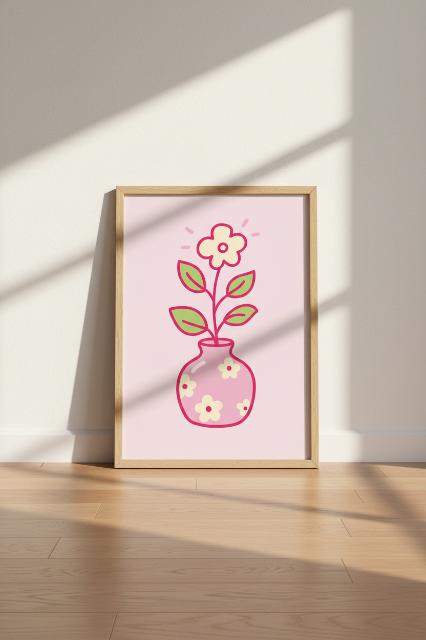 Retro Flower Vase Wall Art | Pink Preppy Decor, Cute Pastel Aesthetic Poster
