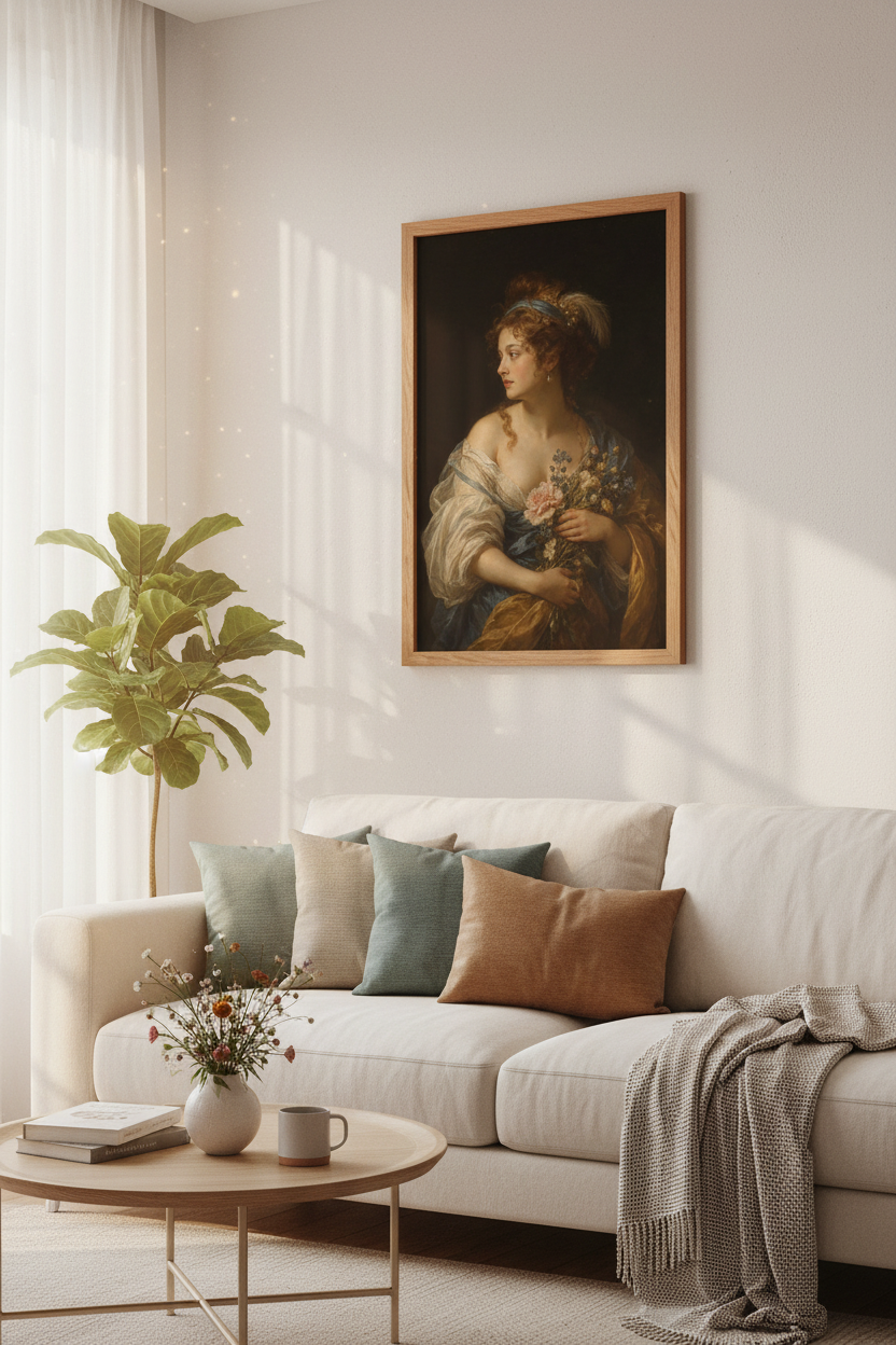 Classical Woman Portrait Wall Art | Moody Gold &amp; Blue Room Decor | Baroque Poster
