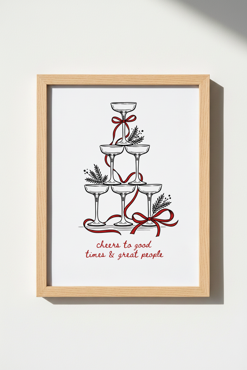 Festive Bar Cart Wall Art | Champagne Tower Print, Holiday Kitchen Decor
