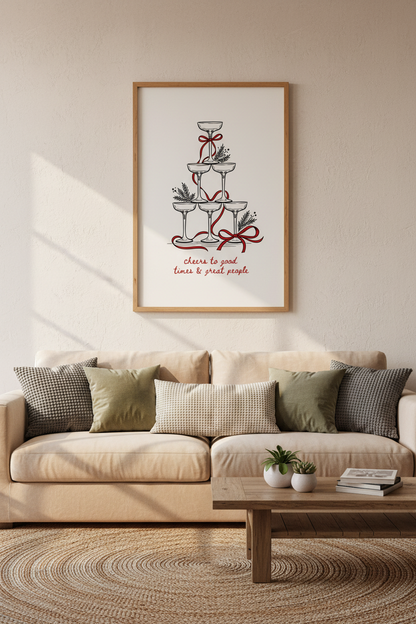 Festive Bar Cart Wall Art | Champagne Tower Print, Holiday Kitchen Decor