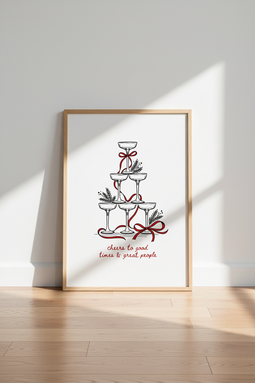 Festive Bar Cart Wall Art | Champagne Tower Print, Holiday Kitchen Decor