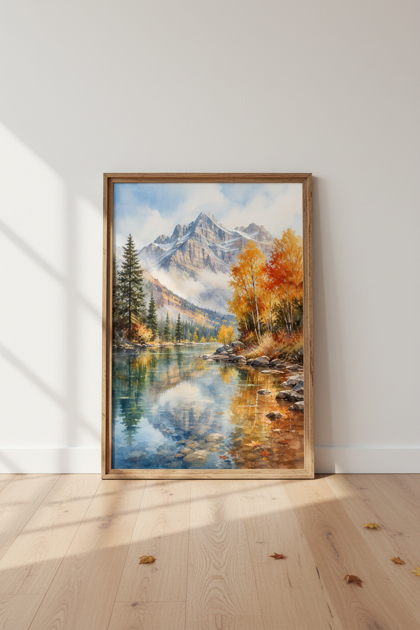 Mountain Landscape Watercolor | Fall Lake View Print, Rustic Nature Living Room Decor