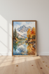 Mountain Landscape Watercolor | Fall Lake View Print, Rustic Nature Living Room Decor
