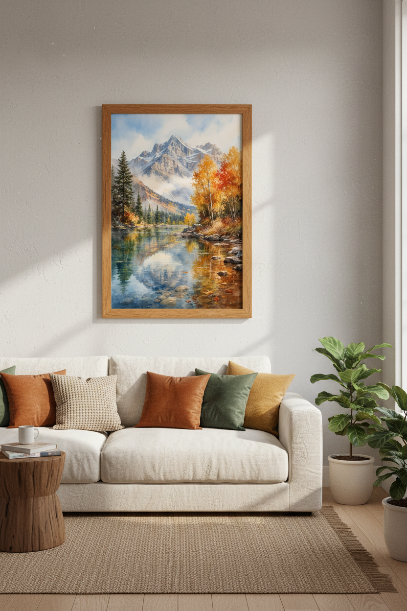 Mountain Landscape Watercolor | Fall Lake View Print, Rustic Nature Living Room Decor