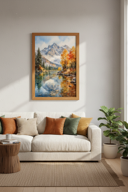 Mountain Landscape Watercolor | Fall Lake View Print, Rustic Nature Living Room Decor