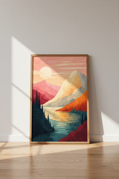 Mountain Lake Landscape Wall Art | Sunset Nature Print, Modern Living Room Decor