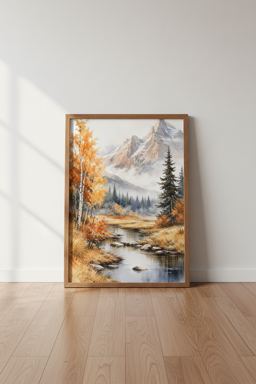 Mountain Landscape Watercolor Print | Autumn Forest Wall Art | Rustic Nature Decor