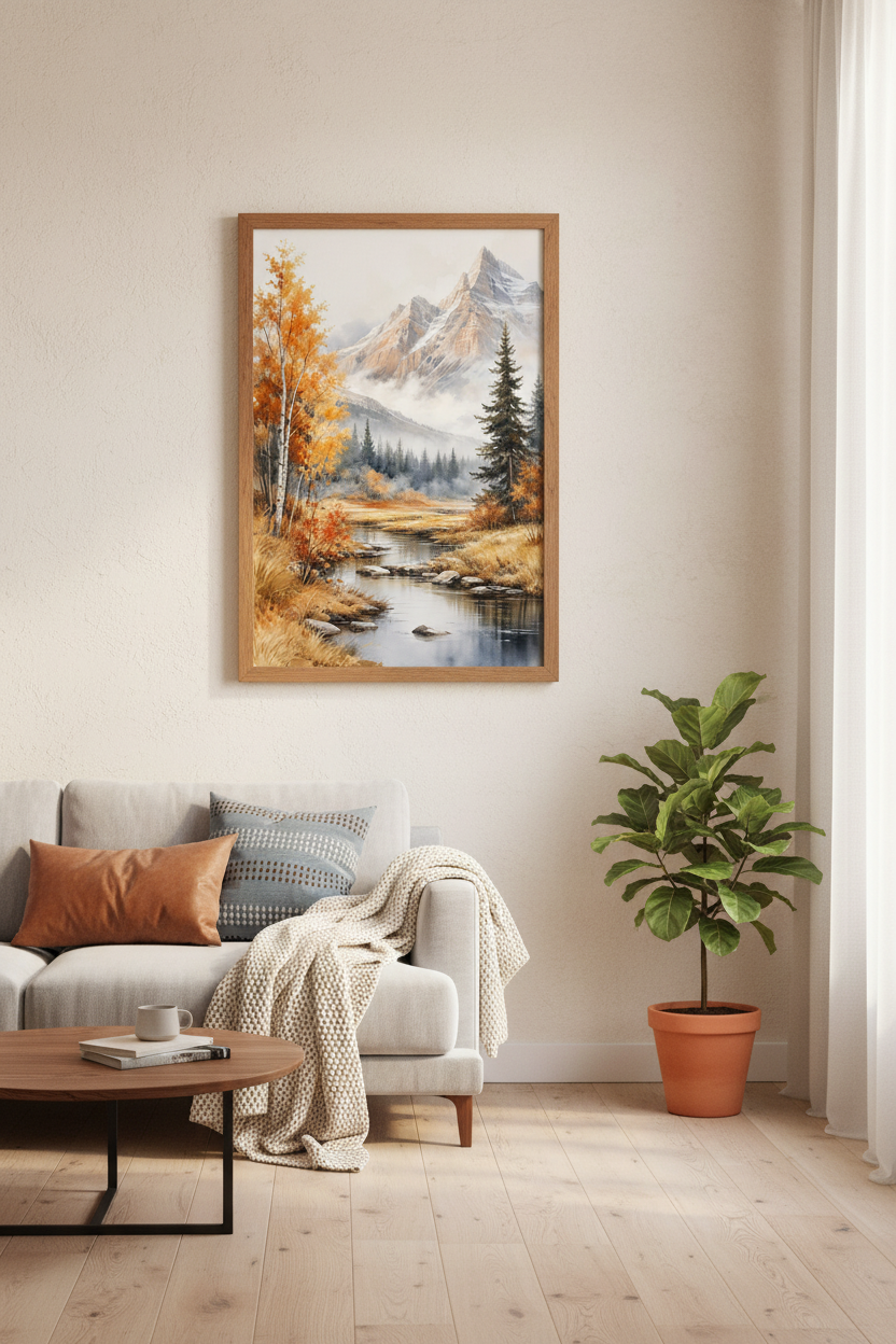 Mountain Landscape Watercolor Print | Autumn Forest Wall Art | Rustic Nature Decor