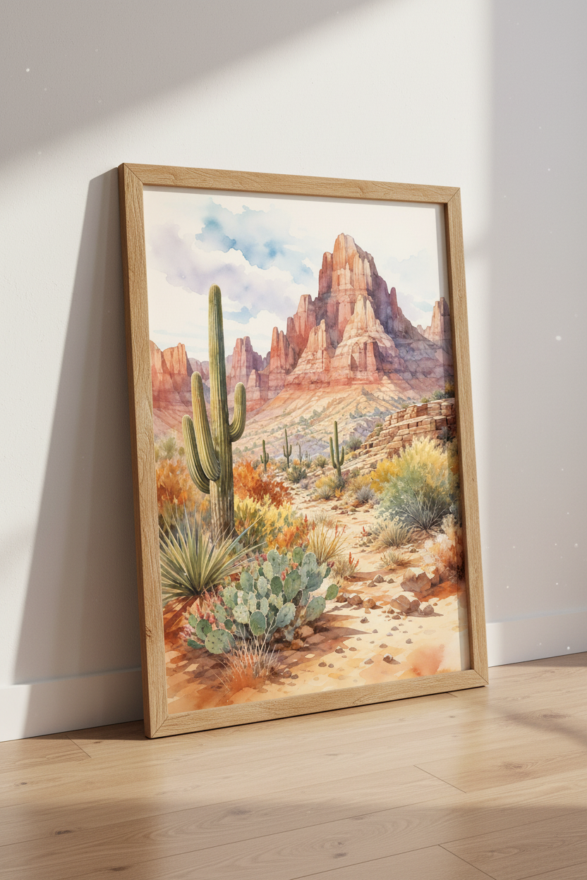 Desert Landscape Watercolor Wall Art | Saguaro Cactus Poster, Boho Southwest Decor