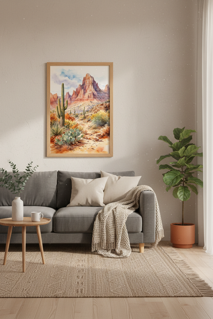 Desert Landscape Watercolor Wall Art | Saguaro Cactus Poster, Boho Southwest Decor