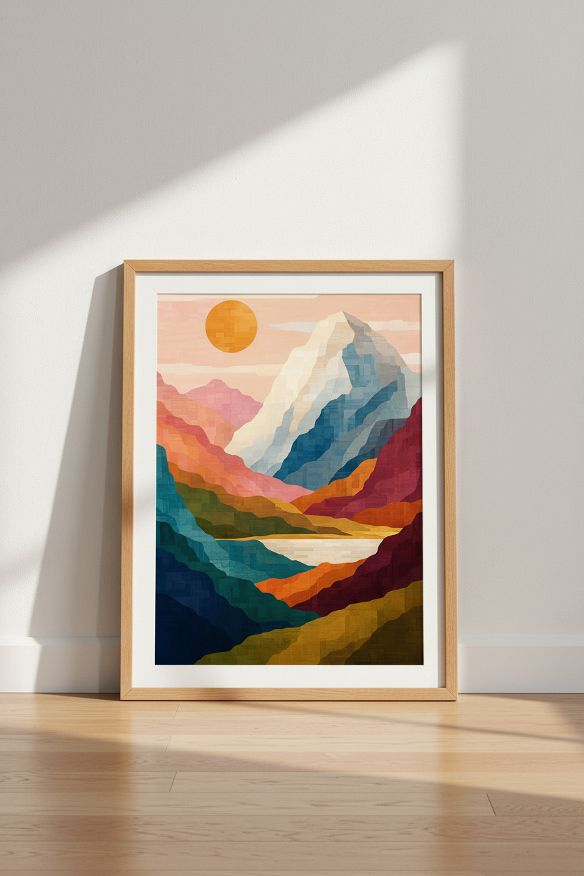 Abstract Mountain Sun Wall Art | Colorful Landscape Print, Living Room Decor Poster