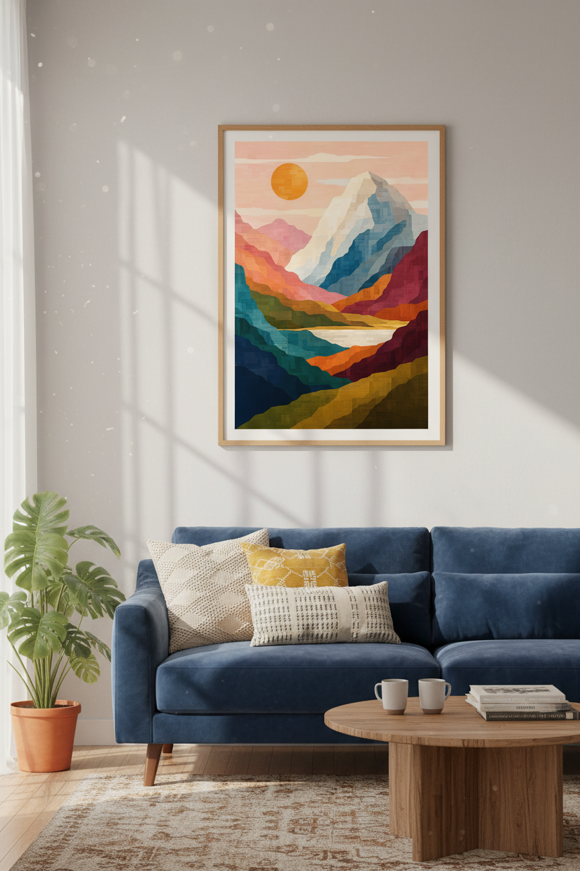 Abstract Mountain Sun Wall Art | Colorful Landscape Print, Living Room Decor Poster