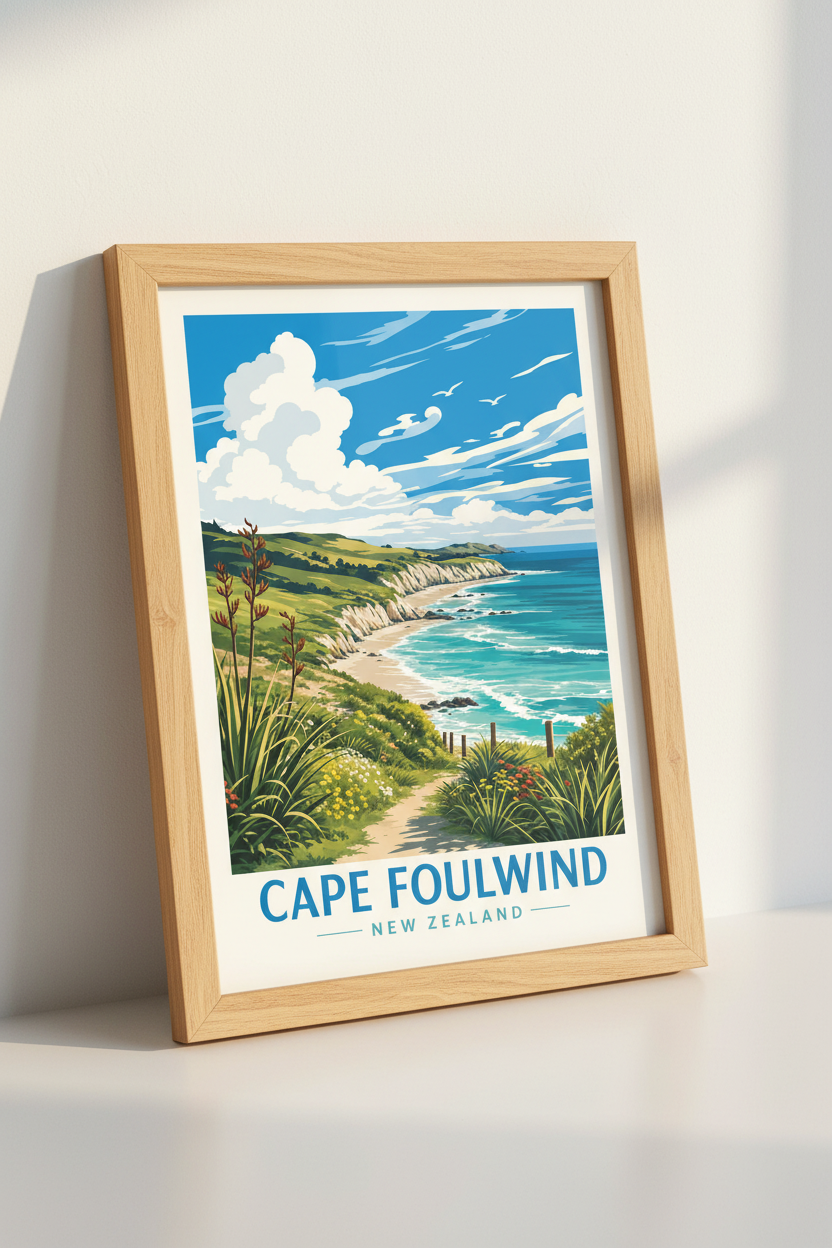 Cape Foulwind New Zealand Wall Art Print | Coastal Travel Decor | Vintage Poster