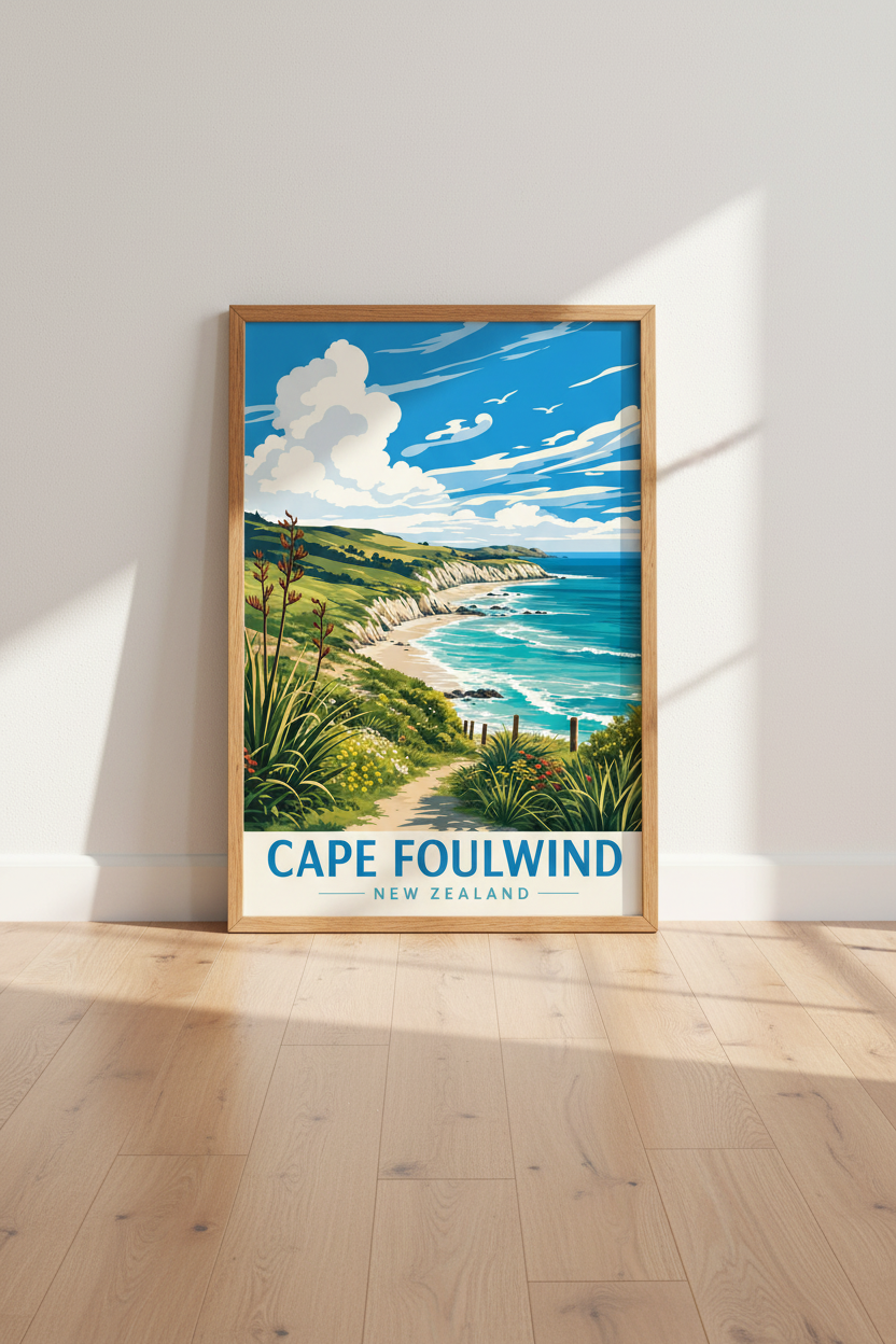 Cape Foulwind New Zealand Wall Art Print | Coastal Travel Decor | Vintage Poster