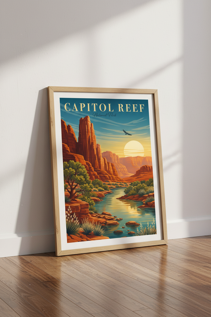 Capitol Reef National Park Art | Vintage Desert Landscape, Utah Travel Poster