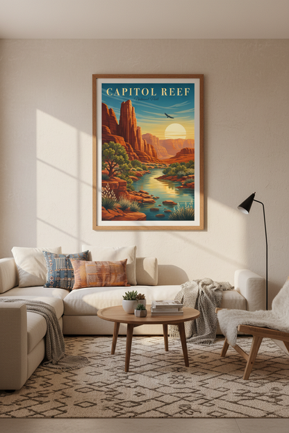 Capitol Reef National Park Art | Vintage Desert Landscape, Utah Travel Poster