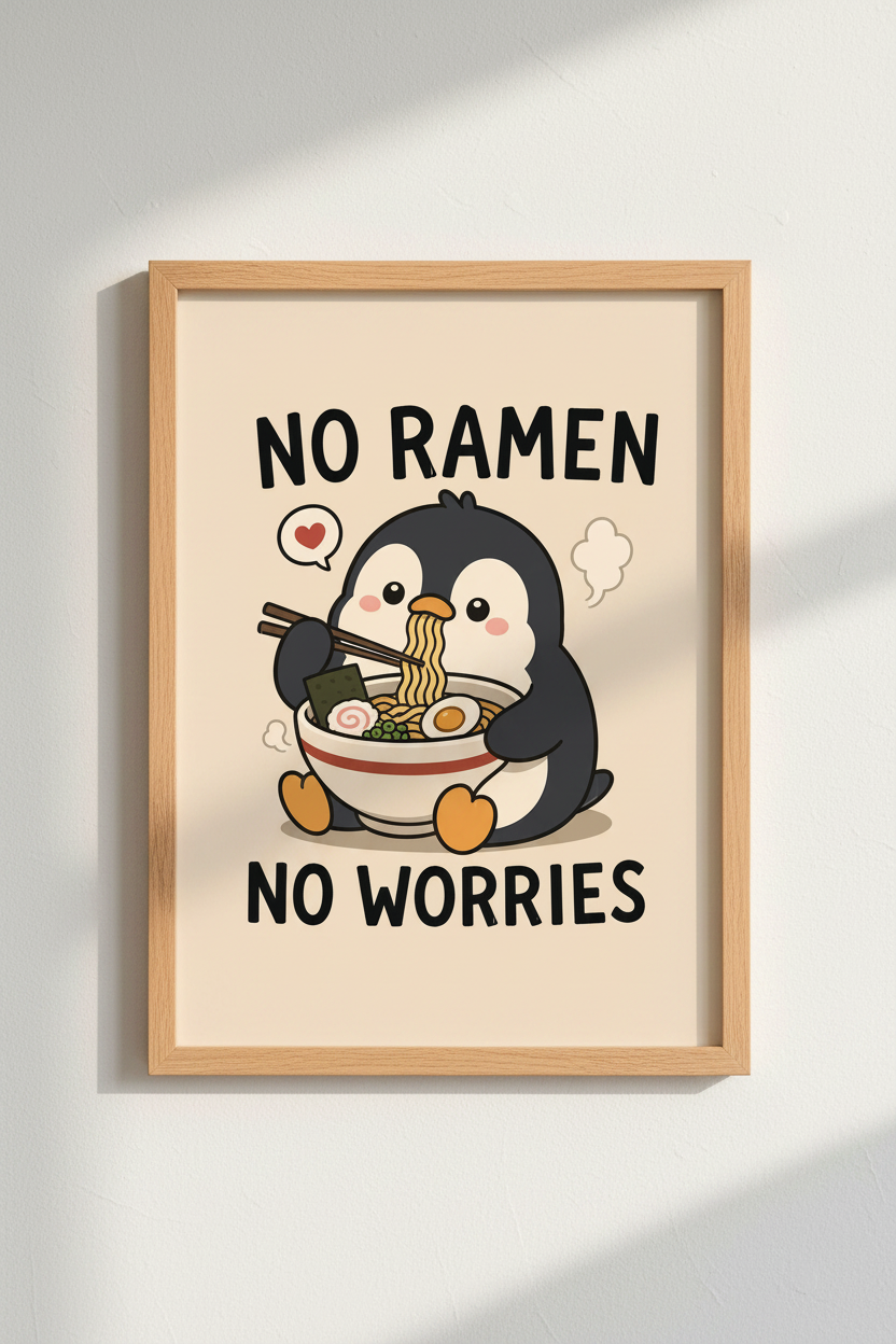 Kawaii Penguin Ramen Art | Cute Animal Poster, Funny Kitchen Decor