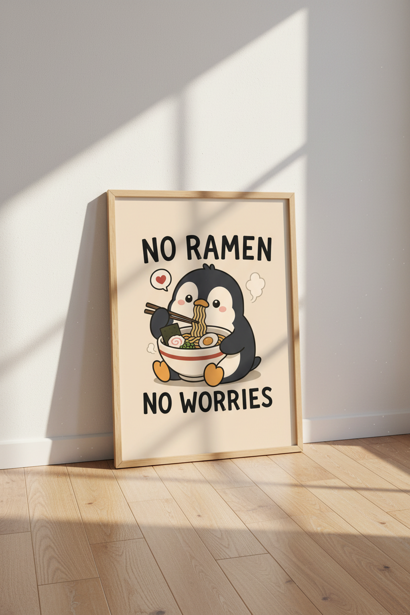 Kawaii Penguin Ramen Art | Cute Animal Poster, Funny Kitchen Decor