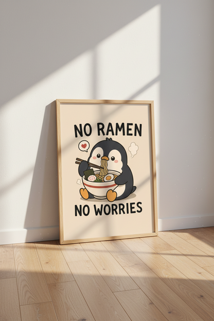 Kawaii Penguin Ramen Art | Cute Animal Poster, Funny Kitchen Decor