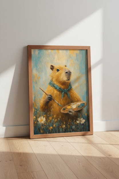 Capybara Artist Oil Painting | Whimsical Animal Portrait, Modern Nursery Decor