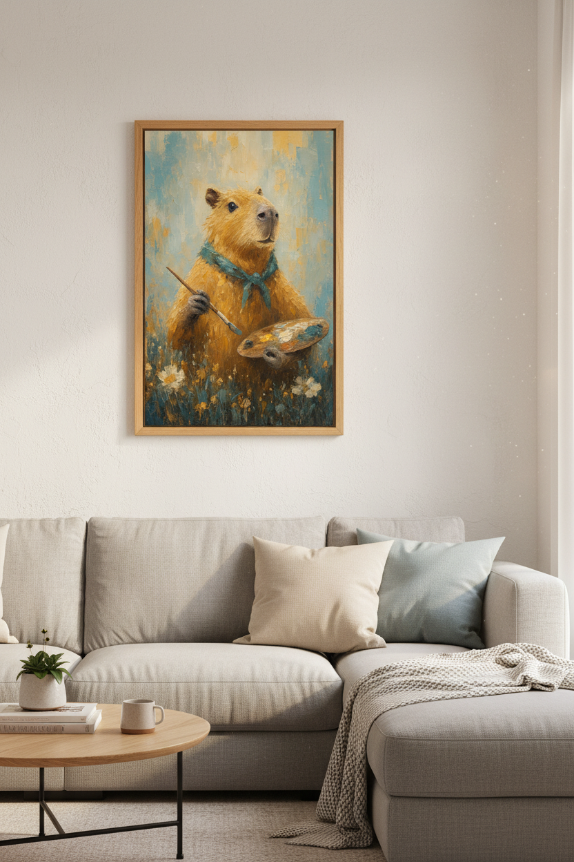 Capybara Artist Oil Painting | Whimsical Animal Portrait, Modern Nursery Decor