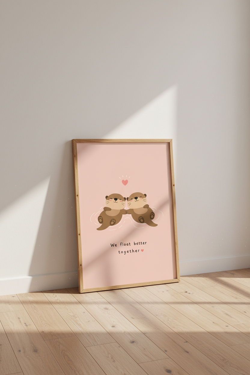 Otter Couple Wall Art Print | Cute Nursery Decor | Aesthetic Pink Poster