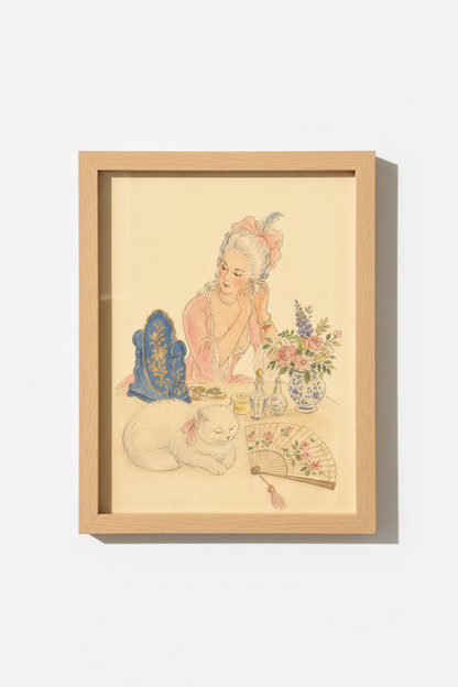 Vintage Illustration Print | Feminine Portrait, Soft Pink Accents | Romantic Poster