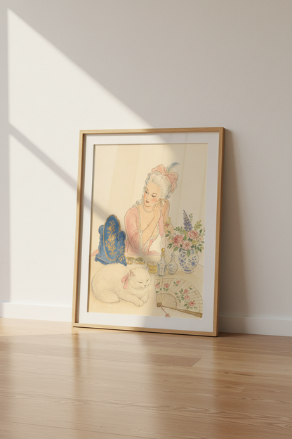 Vintage Illustration Print | Feminine Portrait, Soft Pink Accents | Romantic Poster