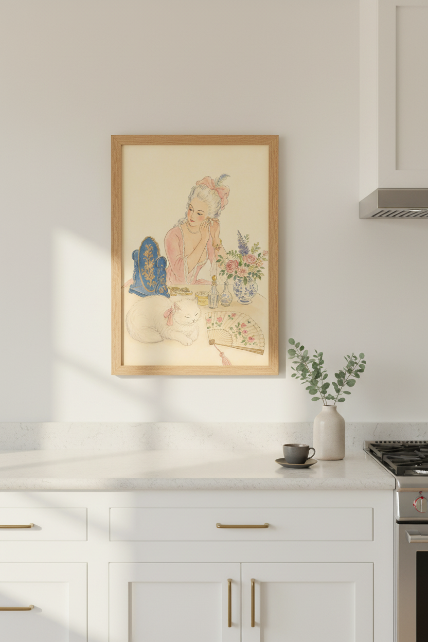 Vintage Illustration Print | Feminine Portrait, Soft Pink Accents | Romantic Poster