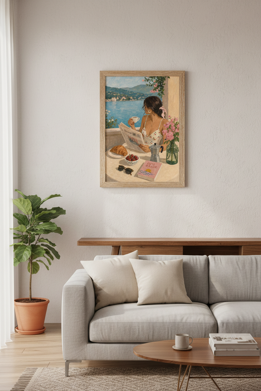 Mediterranean Morning Wall Art | French Riviera Oil Painting, Coastal Summer Decor