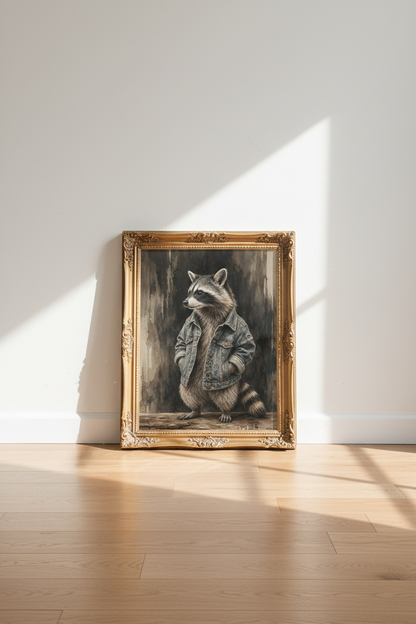Raccoon wall art | Denim jacket mascot, Cozy living decor