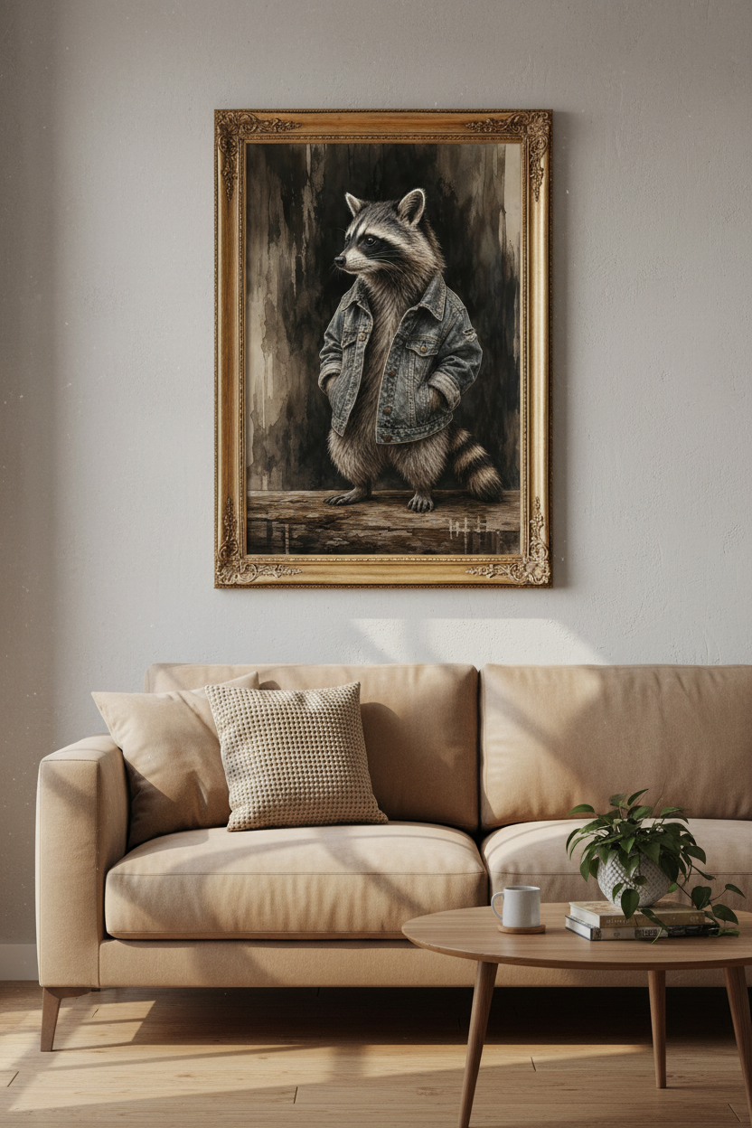 Raccoon wall art | Denim jacket mascot, Cozy living decor