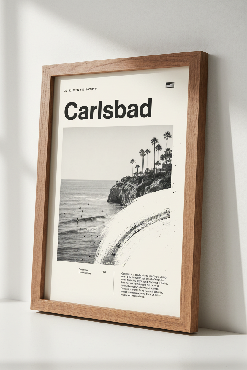 Carlsbad California Surf Wall Art | Black and White Coastal Decor | Minimalist Poster