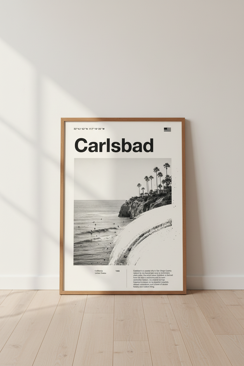 Carlsbad California Surf Wall Art | Black and White Coastal Decor | Minimalist Poster