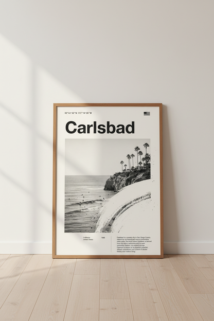 Carlsbad California Surf Wall Art | Black and White Coastal Decor | Minimalist Poster