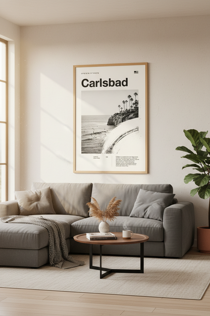 Carlsbad California Surf Wall Art | Black and White Coastal Decor | Minimalist Poster