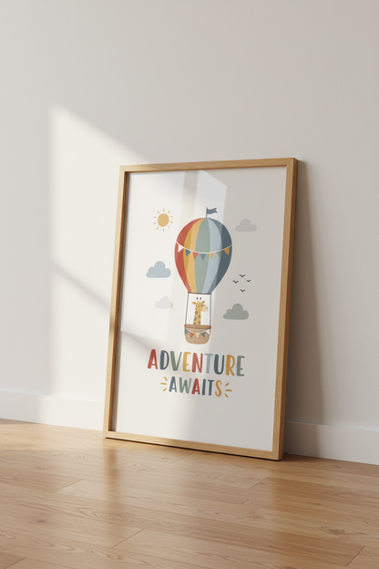 Giraffe Hot Air Balloon Wall Art | Boho Nursery Poster, Adventure Awaits Print