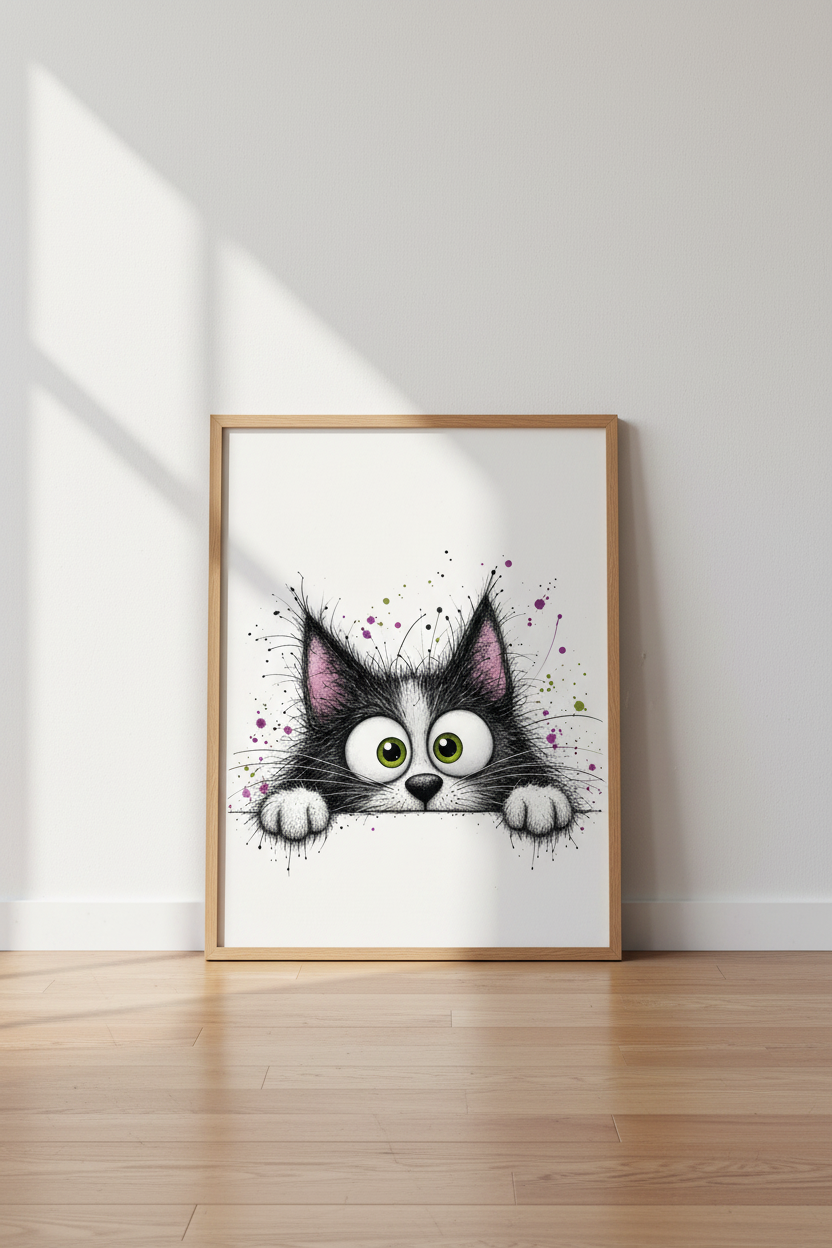 Funny Tuxedo Cat Wall Art | Whimsical Sketchy Kitten Poster | Nursery &amp; Pet Decor